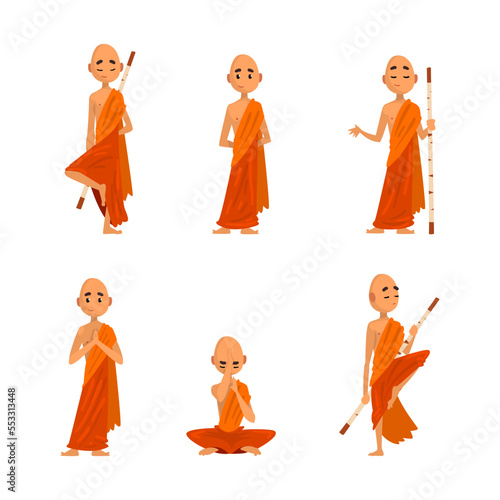 Buddhist Monk in Orange Robe with Stick in Different Poses Vector Set