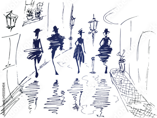Old European city with pedestrian streets and people in sketch style. City romantic landscape. Black and white vector illustration on a white background