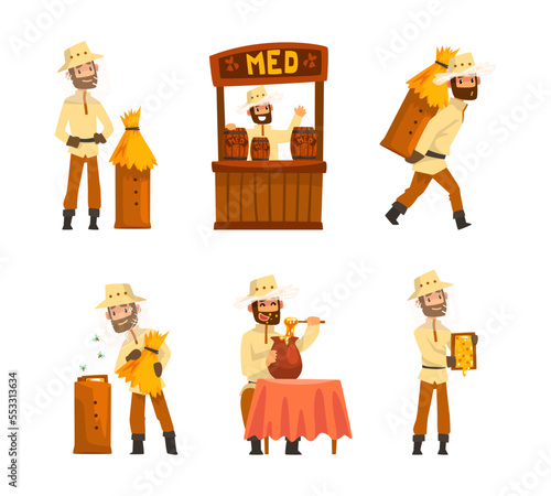 Beekeeper or Apiarist Gathering and Selling Honey Vector Set