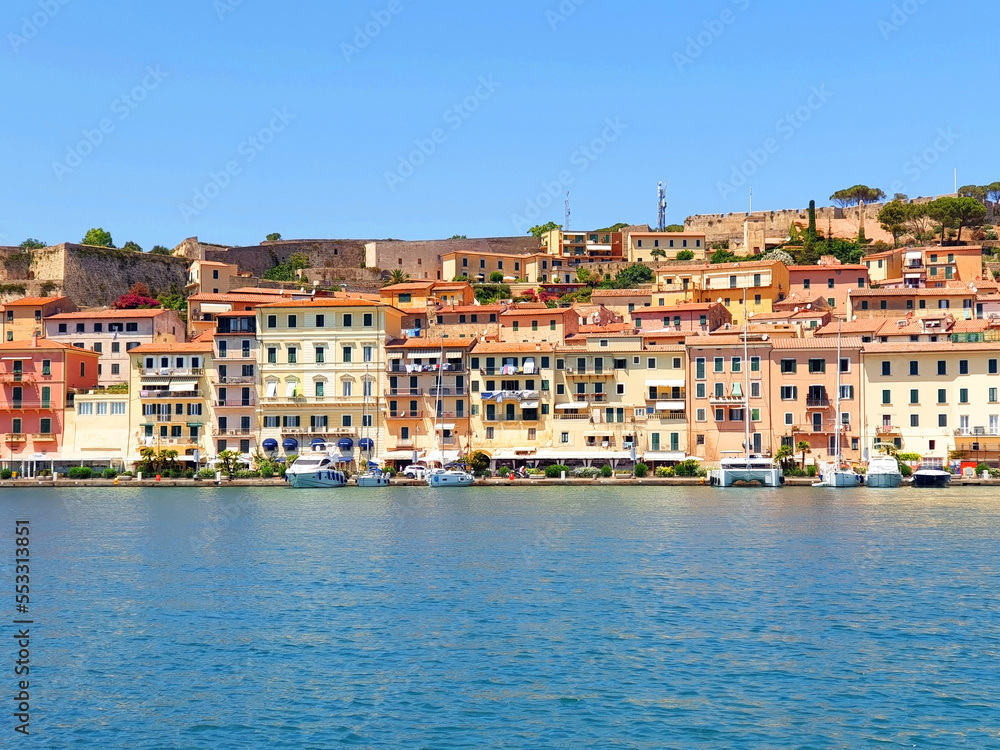View from the sea to the city of Portoferraio, located on the island of Elba in Italy.