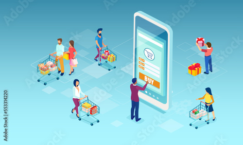 vector of people shopping online using mobile app technology