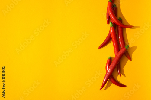 red chili peppers on yellow background. place for text photo