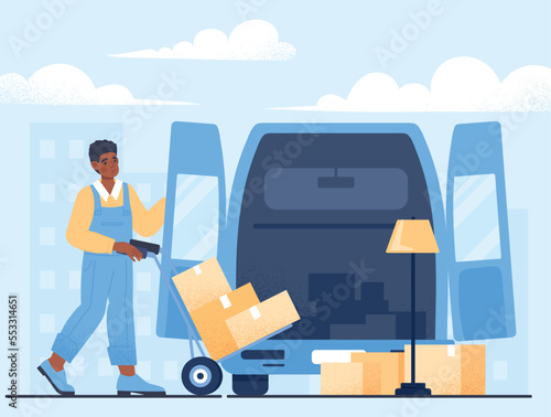 Warehouse delivery concept. Man with boxes near car, transportation and logistics. Online shopping and home delivery. Courier or loader, worker with parcels. Cartoon flat vector illustration