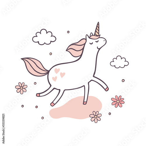 Unicorn among flowers and clouds flat color vector animal