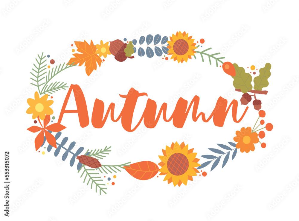 Autumn poster concept. Frame of leaves and flowers, nature and foliage. Symbol of comfort and coziness. Graphic element for website, sticker for social media. Cartoon flat vector illustration Autumn poster concept. Frame of leaves and flowers, nature and foliage. Symbol of comfort and coziness. Graphic element for website, sticker for social media. Cartoon flat vector illustration