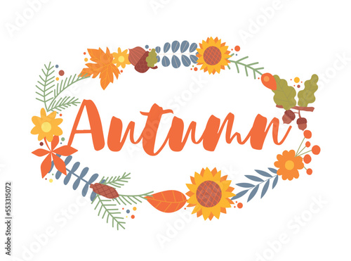 Autumn poster concept. Frame of leaves and flowers  nature and foliage. Symbol of comfort and coziness. Graphic element for website  sticker for social media. Cartoon flat vector illustration