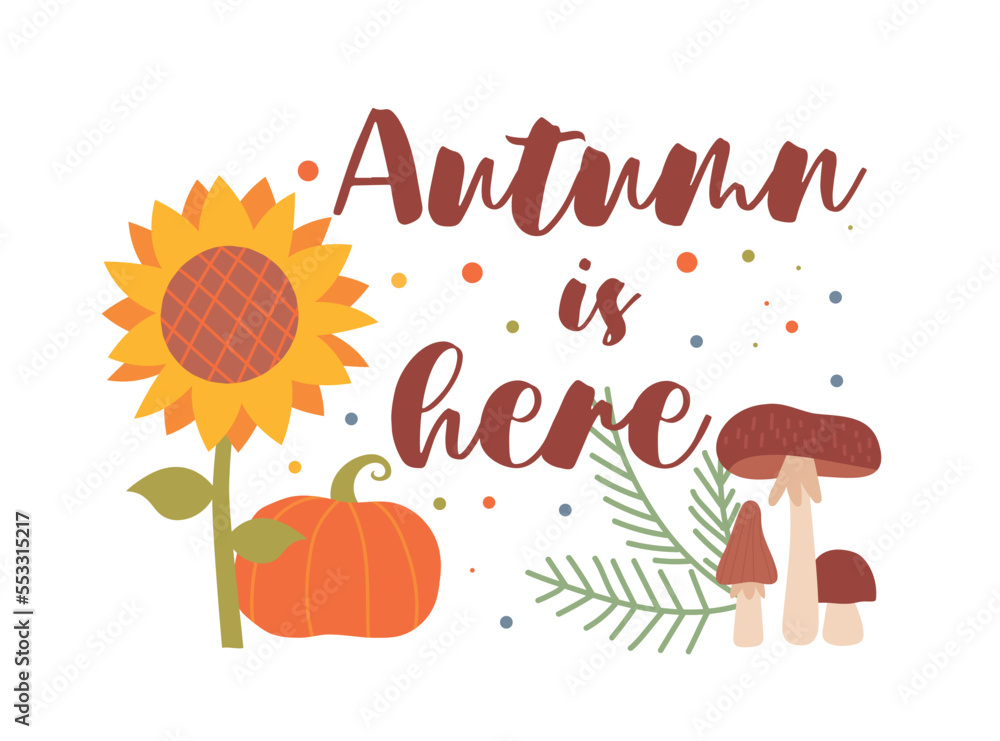 Autumn here concept. Sunflower with pumpkins, mushrooms and leaves ...