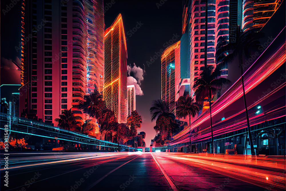 Obraz premium city street at night with colorful long exposure lights