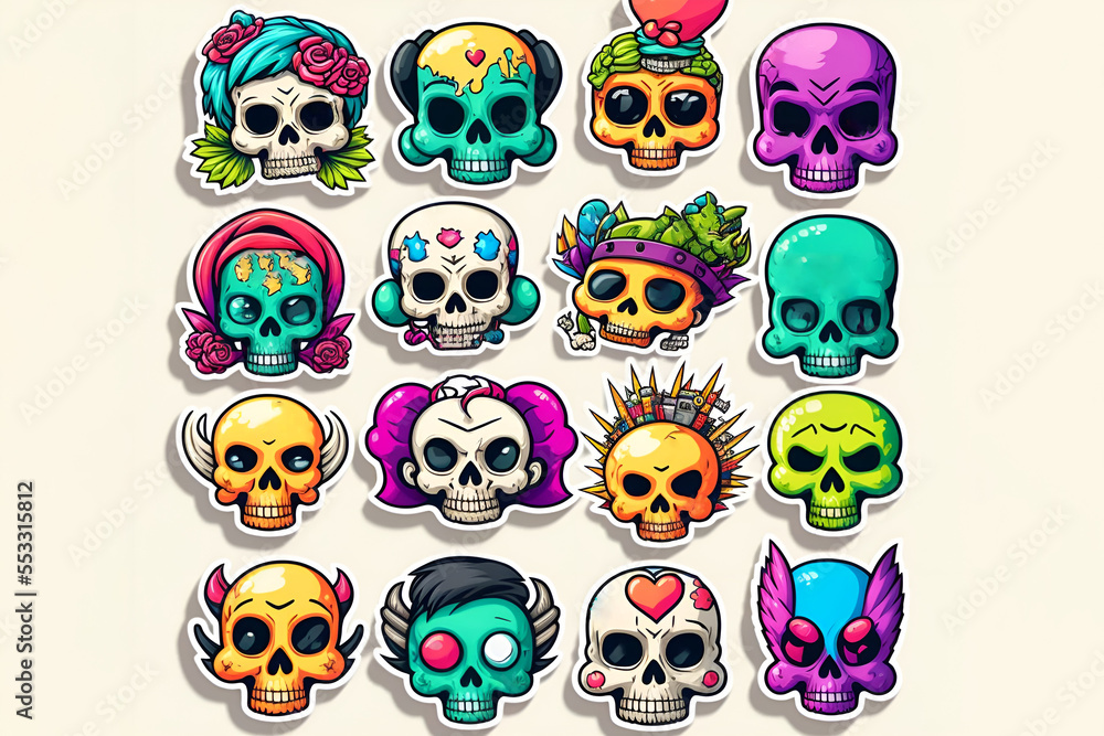 Set of funny cartoon varied skull stickers