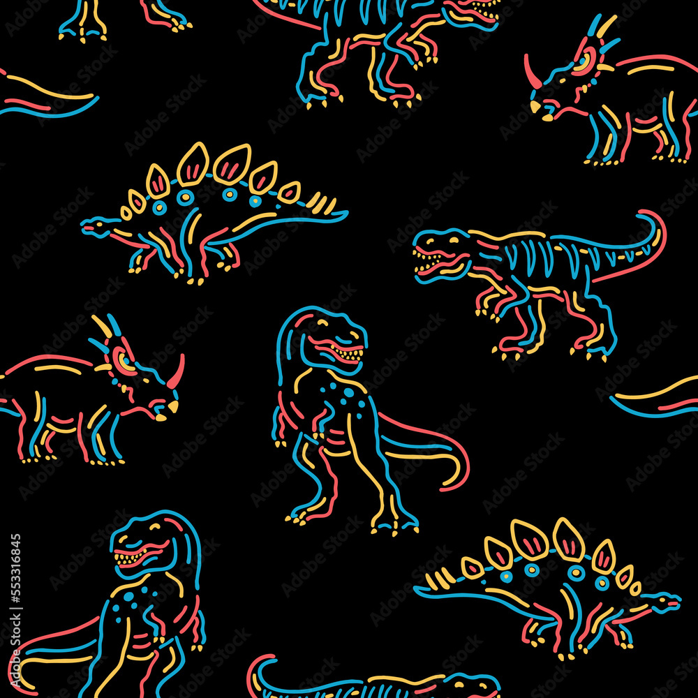 Vector Dinosaurs Seamless Pattern | Cartoon Dinosaurs Kids Seamless Repeat Design | Dinos in Neon Colors Seamless Pattern