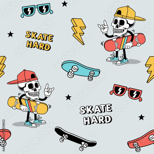 Vector Skateboard Seamless Pattern | Cartoon Kids Seamless Repeat Design | Hand Drawn Skateboarding Seamless Pattern
