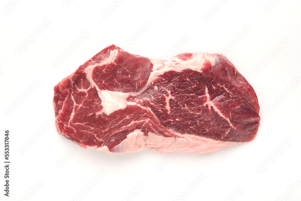 Raw Steak Isolated on White. Sliced grilled meat steak New York or Ribeye with spices rosemary and pepper on white background. Top view. Mock up. Raw Steak Isolated on White. Sliced grilled meat steak New York or Ribeye with spices rosemary and pepper on white background. Top view. Mock up.