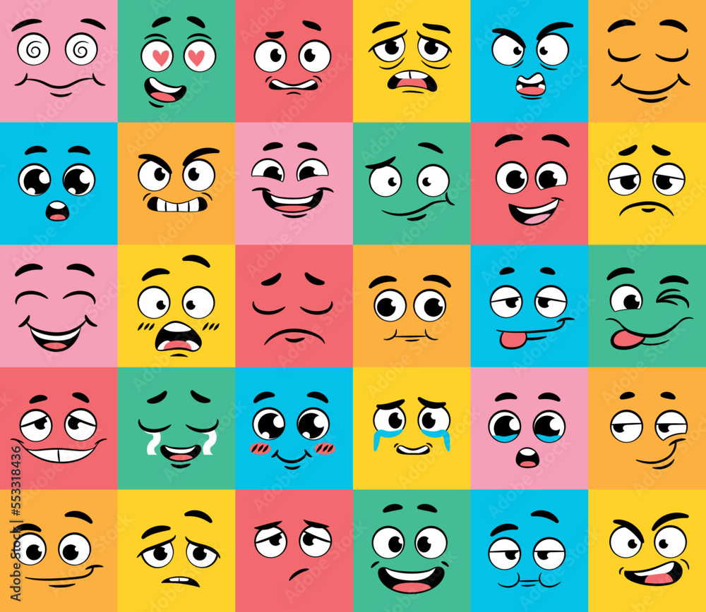 Set of emotions. Collection of stickers for social networks and messengers. Positive and negative, optimism and pessimism. Feelings, mood and facial expressions. Cartoon flat vector illustration Set of emotions. Collection of stickers for social networks and messengers. Positive and negative, optimism and pessimism. Feelings, mood and facial expressions. Cartoon flat vector illustration