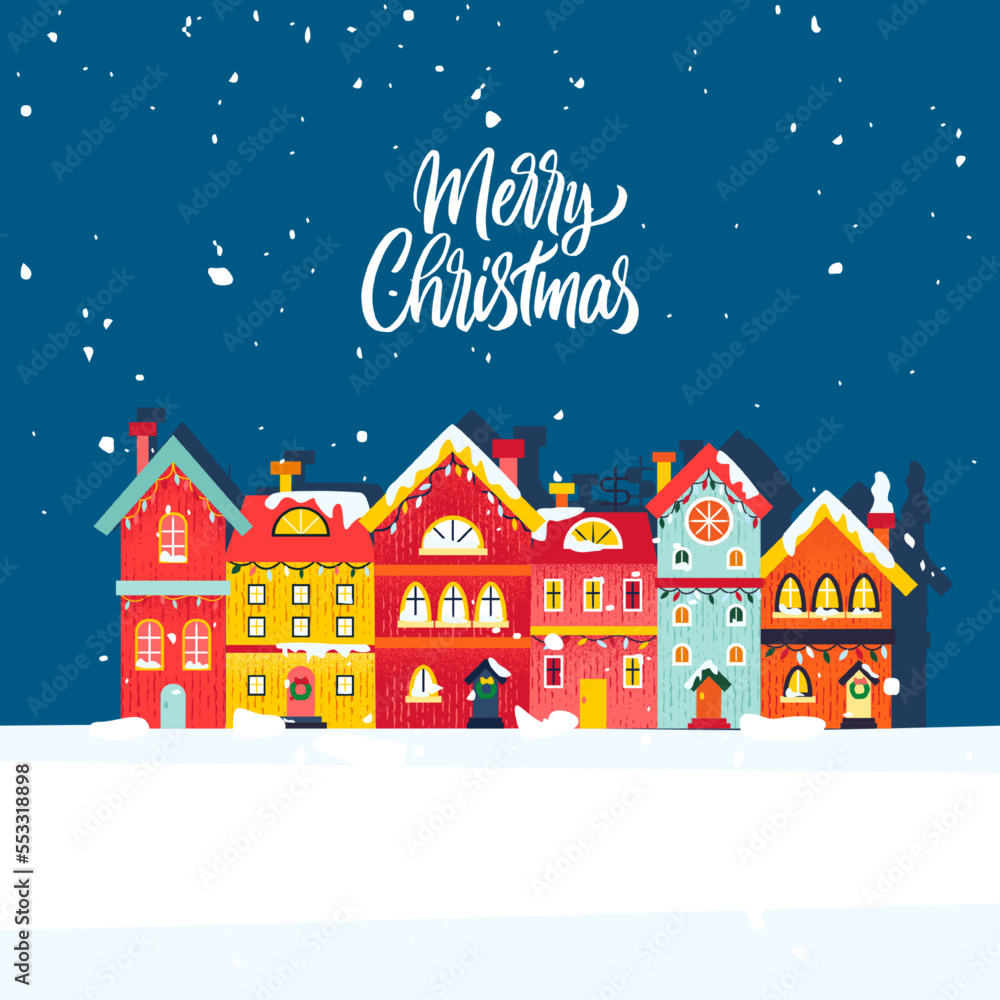 Winter Houses Concept. Vector Illustration of Seasonal Greetings. Holiday Celebration.