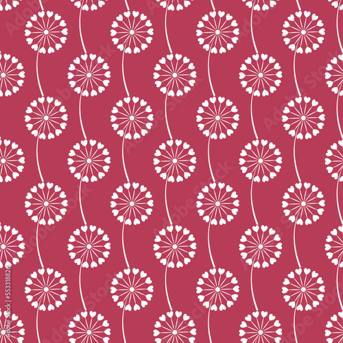 Seamless pattern of dandelion with hearts on isolated magenta background. Design for Valentine’s Day, Wedding, Mother’s day celebration, greeting cards, invitations, scrapbooking, home decoration.