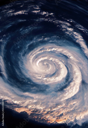 Illustration of a large hurricane as seen from space.Typhoon is causing so many disasters on planet Earth, Generative AI