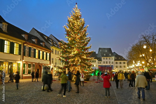 Christmas market in the Munsterplatz, near the Basel cathedral. Basel, Switzerland - December 2022