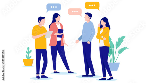 Colleague talk - Group of people talking and having a discussion at work with speech bubbles. Flat design vector illustration with white background