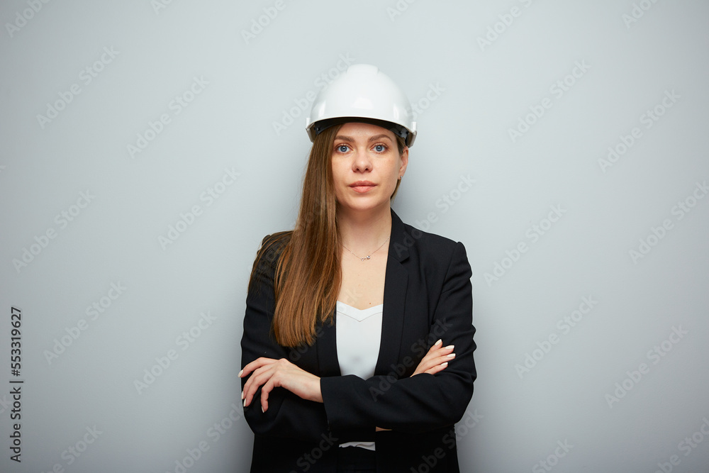 Woman architect or engineer in white helmet. Isolated female portrait. Woman architect or engineer in white helmet. Isolated female portrait.