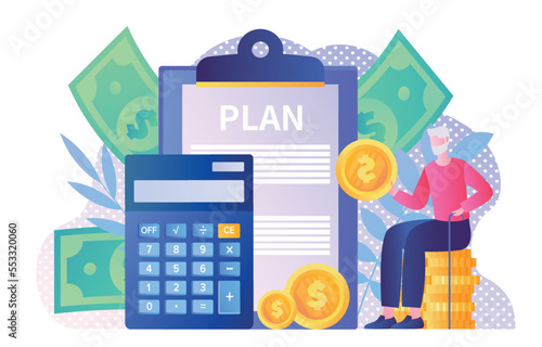 Pension plan concept. Old man sits with coin next to calculator. Passive income and financial literacy. Economy and trading. Character evaluates expenses and income. Cartoon flat vector illustration