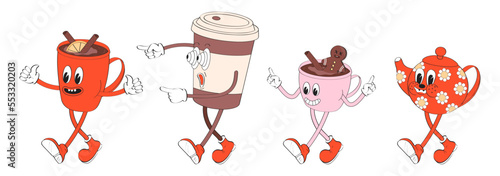 Groovy Santa cups set vector in retro, y2k style. Santa decoration with coffee, cacao with cinnamon in cartoon style. Holly jolly gift.