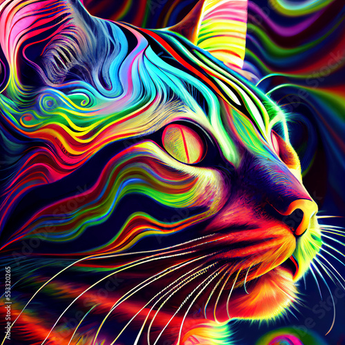 Psychedelic colorful waves and swirls make up the face of a cat. Three quarter view artwork.