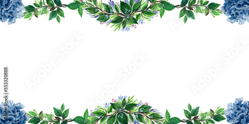 Ornamental floral border, decorative frame and plants on isolated empty background