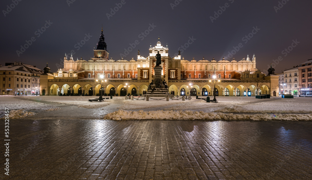 Cloth Hall (Sukiennice) renaissance trade building on the Main Square in Krakow, Poland, illuminated in the night