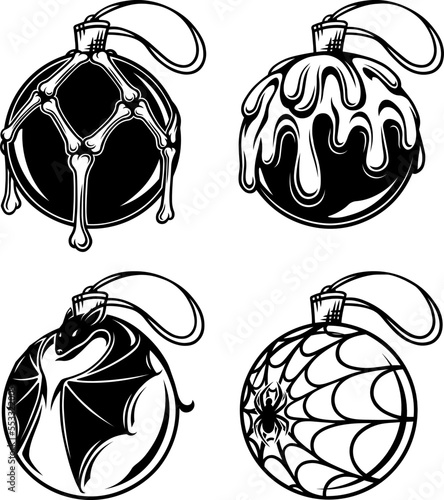 Stylized contour spooky Christmas-tree toys set. Designed balls for Christmas tree, New Year holiday decoration, Halloween decor, print, engraving