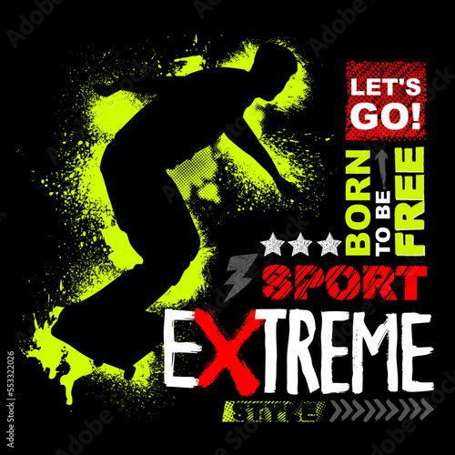 Urban style modern t-shirt  with boy and skateboard. Sport extreme style  illustraton for guys.