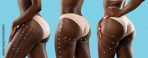 Fotografie Young african american women in beige lingerie with perfect skin with lines for