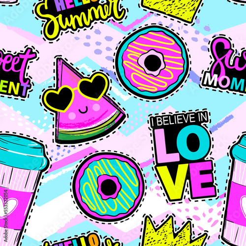 Fashion patch badges in sketch comics style. Abstract seamless pattern. Cool stickers on colorful background for teen girl
