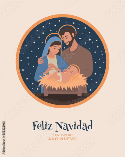 Feliz navidad. Pesebre. Nochebuena. Ilustración de la sagrada familia en el nacimiento de Jesús en Belén.