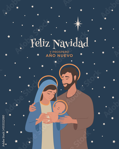 Feliz navidad. Pesebre. Nochebuena. Ilustración de la sagrada familia en el nacimiento de Jesús en Belén.