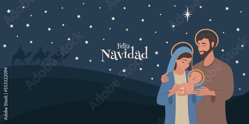 Feliz navidad. Pesebre. Nochebuena. Ilustración de la sagrada familia en el nacimiento de Jesús en Belén.