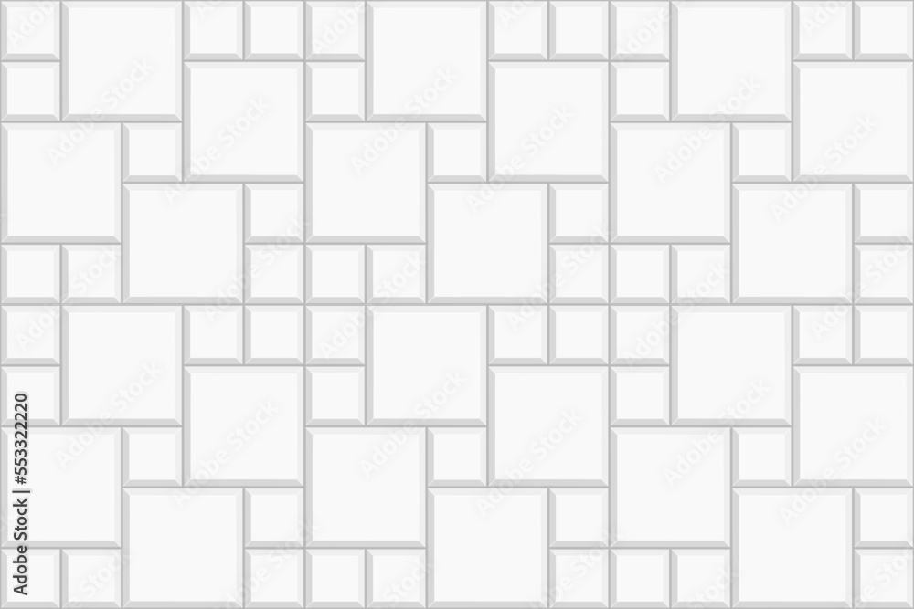 White multi pinwheel tile background. Stone or ceramic brick wall pattern. Kitchen backsplash mosaic texture. Bathroom, shower or toilet floor decoration. Sidewalk texture. Vector flat illustration White multi pinwheel tile background. Stone or ceramic brick wall pattern. Kitchen backsplash mosaic texture. Bathroom, shower or toilet floor decoration. Sidewalk texture. Vector flat illustration
