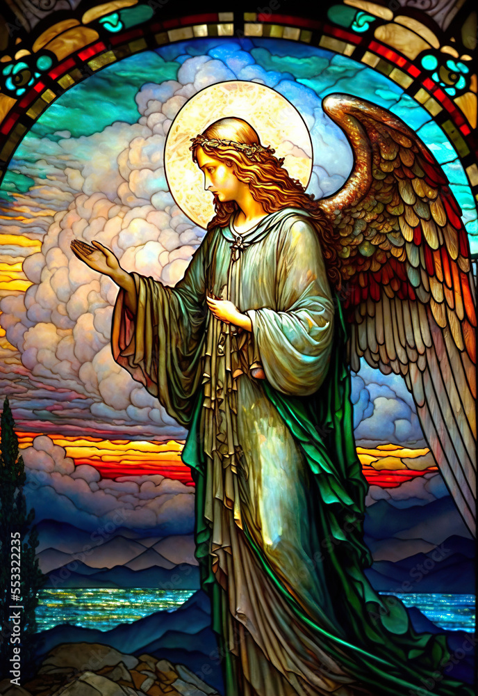 Spiritual illustration christianity heaven landscape stained glass