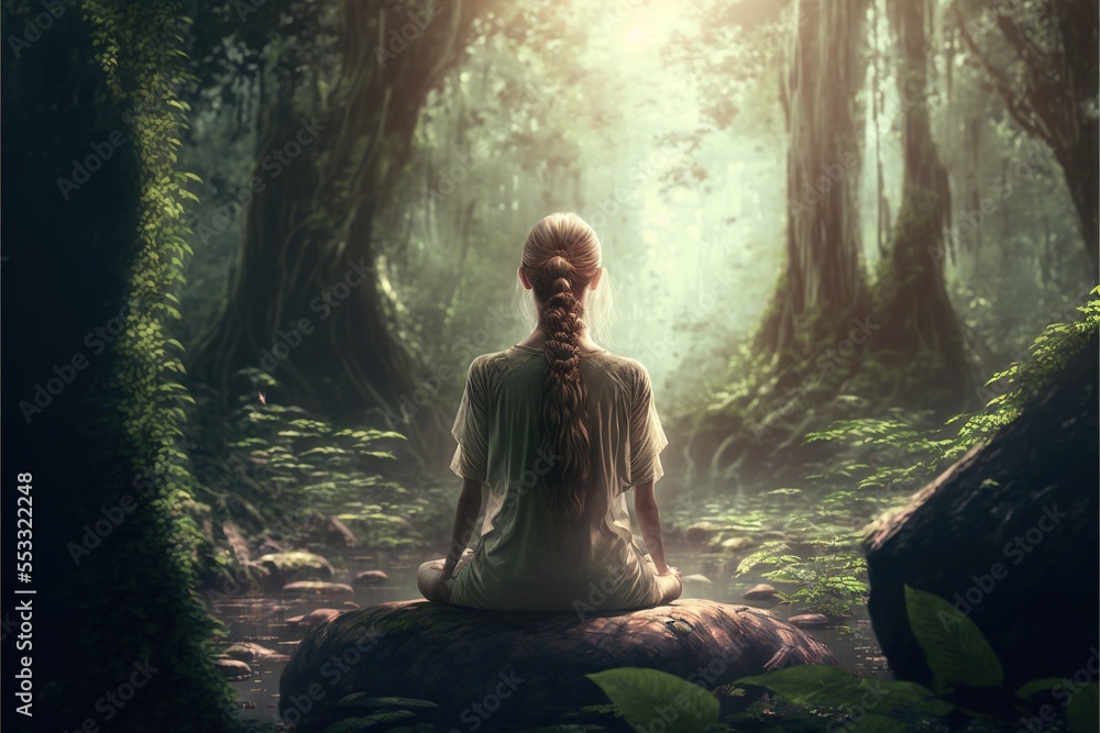 Eine Frau betreibt Meditation im Wald, generative ai technology Eine Frau betreibt Meditation im Wald, generative ai technology
