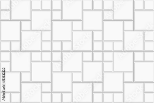 White multi pinwheel tile background. Stone or ceramic brick wall pattern. Kitchen backsplash mosaic texture. Bathroom, shower or toilet floor decoration. Sidewalk texture. Vector flat illustration