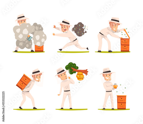 Beekeeper or Apiarist with Beehive and Smoker Harvesting Honey Vector Set