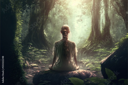 Eine Frau betreibt Meditation im Wald, generative ai technology 