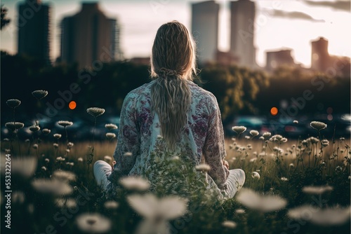 Eine Frau betreibt Meditation im Wald, generative ai technology	