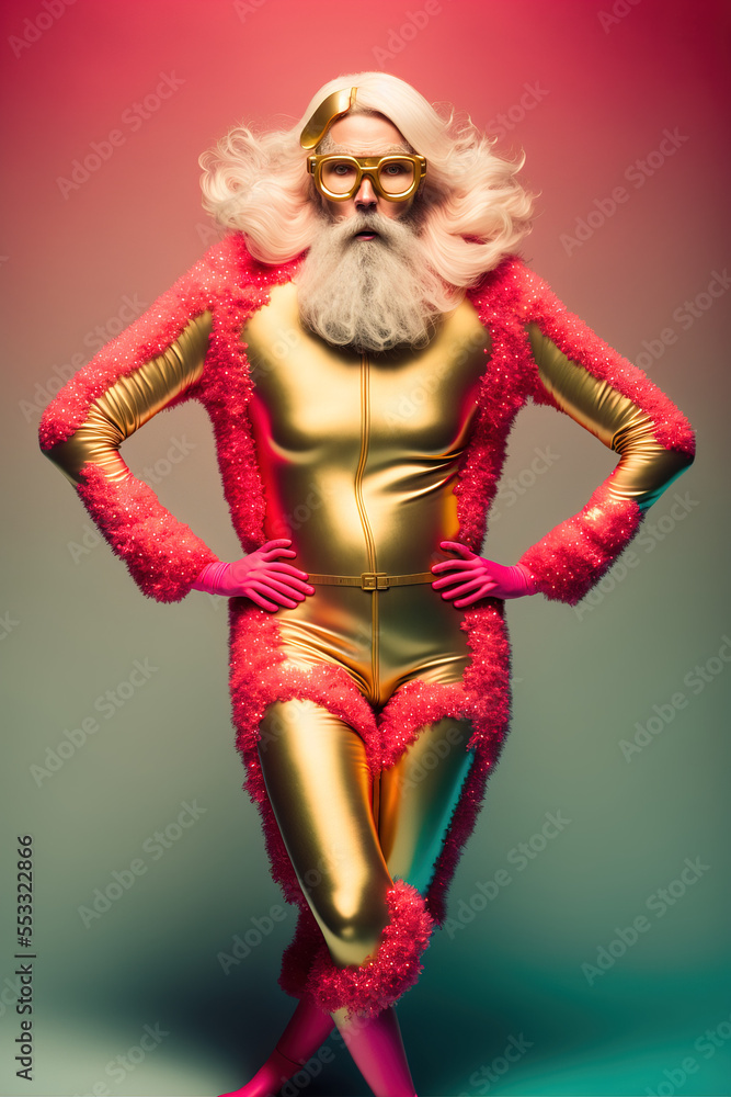 Illustrated fashion icon in an extravagant, modern, contemporary suit and trendy glasses. Futuristic Santa Claus in his free time, in diva, glamorous style. New Year's Eve. Generative AI. Illustrated fashion icon in an extravagant, modern, contemporary suit and trendy glasses. Futuristic Santa Claus in his free time, in diva, glamorous style. New Year's Eve. Generative AI.