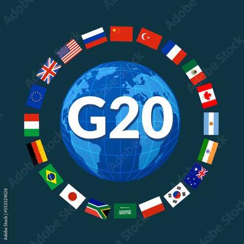 G20 world globe countries infographic. Saudi Arabia Turkey Brazil european G20 country flag.