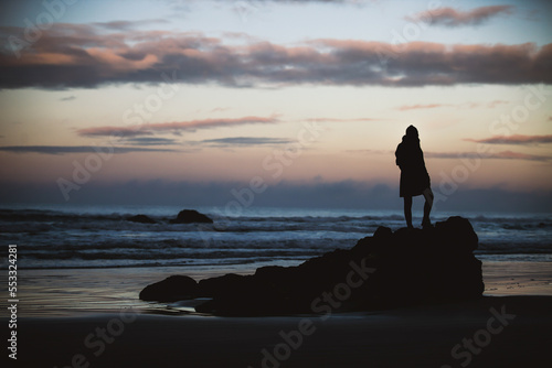 silhouette of a woman  standing on a big rock at the beach during a winter sunset