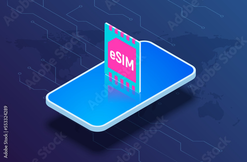 Esim technology digital card microchip phone gsm mobile vector concept. Esim technology