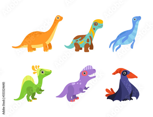 Funny Colorful Dinosaur as Cute Prehistoric Creature and Comic Jurassic Predator Vector Set