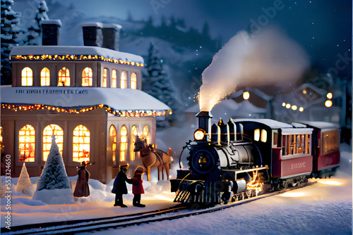 Christmas village, the train chugs along the snowy tracks