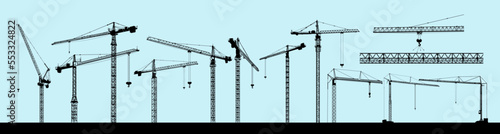 Big set of tower construction crane. Silhouette crane working building. Illustration with building cranes isolated on white background. Vector line art.