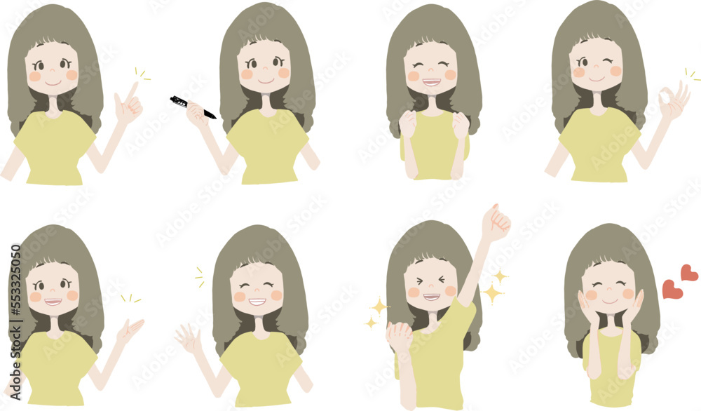 【おすすめ、ペン持ち、ガッツ、OK、どうぞ、手振る、美味しい】表情とポーズのバリエーションセット
